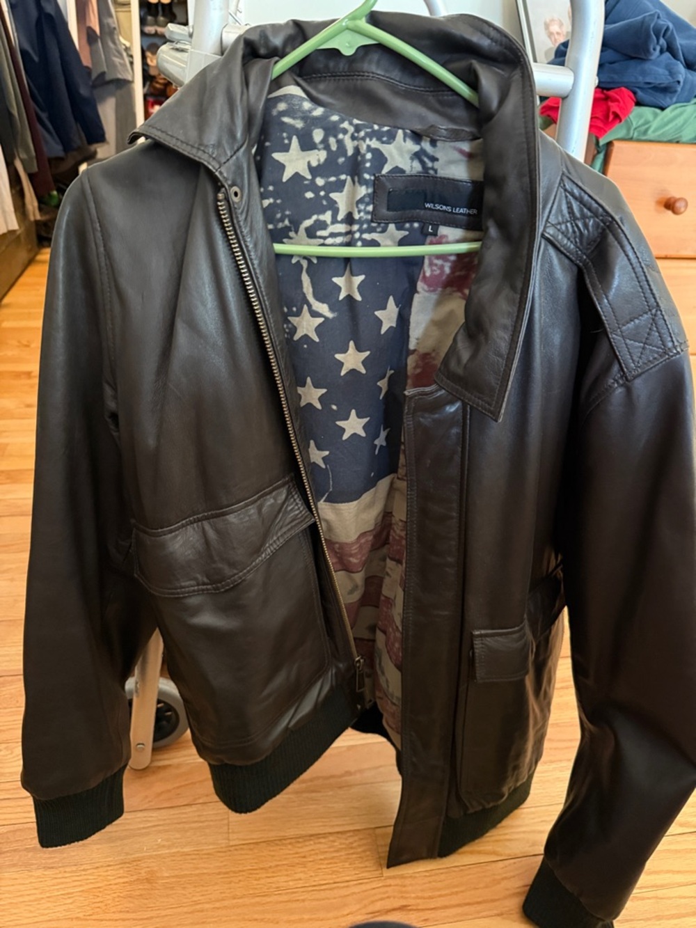 Wilsons Leather Brown Men's Leather Bomber Jacket with Flag Lining